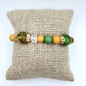 Beaded Stretch Bracelet With Green Yellow & Brown Accent Beads 6.5-Inch Fit
